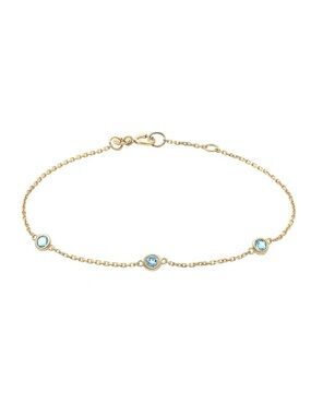 14K Real Yellow Gold Three Round Bezel Set Blue Topaz Bracelet 6.5-7"